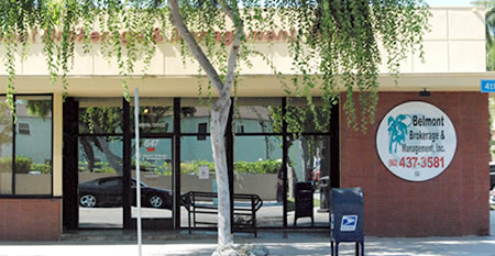 Exterior of Belmont Brokerage and Management building with a tree, windows and  brick wall